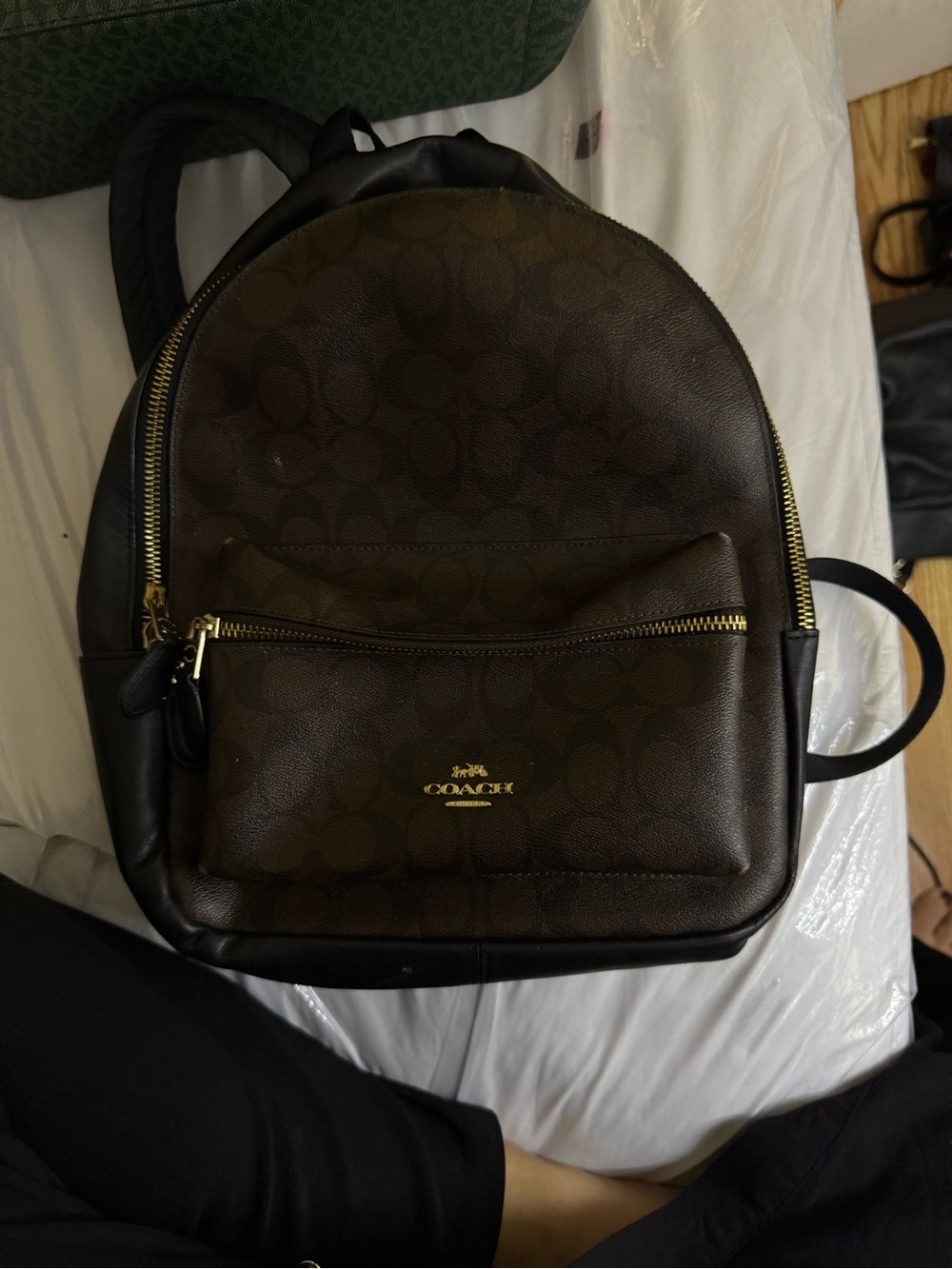 Coach Dark Brown Signature Canvas Backpack with Gold Hardware